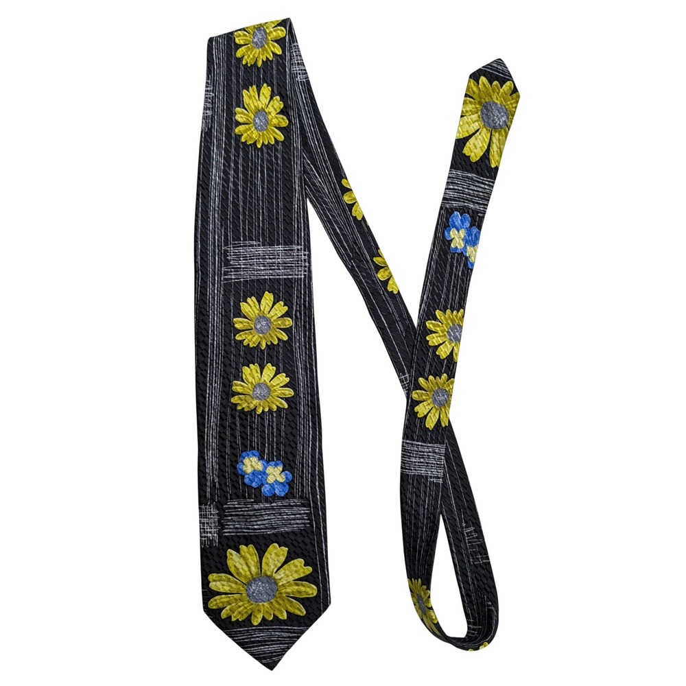 Pavone Vintage Mens Necktie Floral Sunflower 100% Silk Black Yellow Blue Italy
